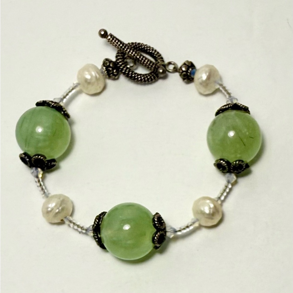 Aventurine Bracelet Glass Textured Pearls Moon Stone Glass Seed Beads Silver